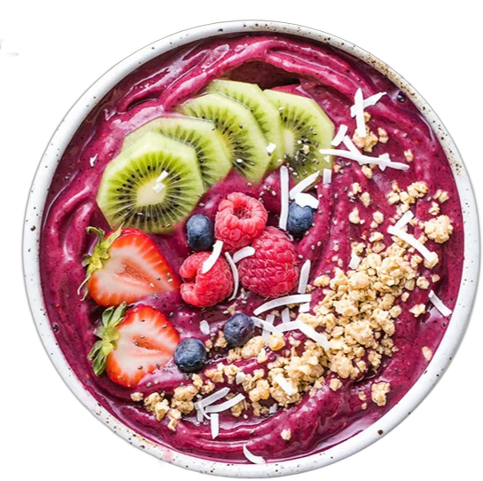 Açaí bowl topped with kiwi, strawberries, raspberries, blueberries and granola